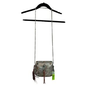 Sam Edelman Metal Crossbody Bag Stone Cabochon Boho Silver Brown Tassel NEW